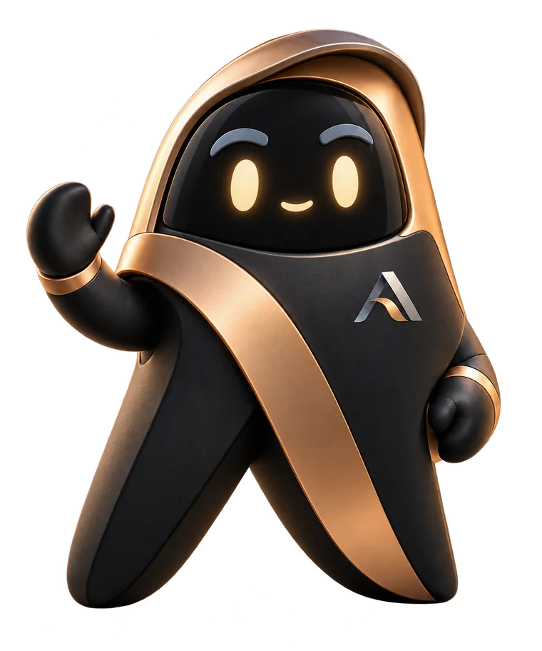 Mascote da Arvio em preto e bronze, sorrindo e acenando.